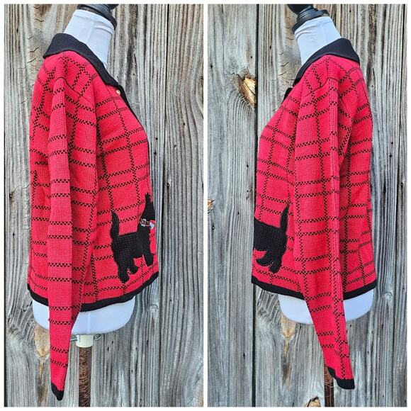 Scottie Dog Cardigan Petite Med Crystal Kobe Red Black Plaid PM Knit VTG Sweater - Picture 3 of 10